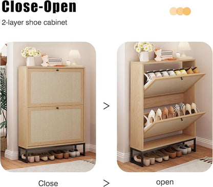 Rattan Shoe Cabinet with 2 Flip Drawers, Simple Setup Hidden Shoe Rack - Image 4