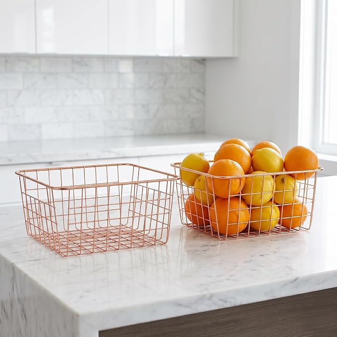 Jucoan 4 Pack Metal Wire Storage Baskets, Rose Gold Wire Baskets - Image 6