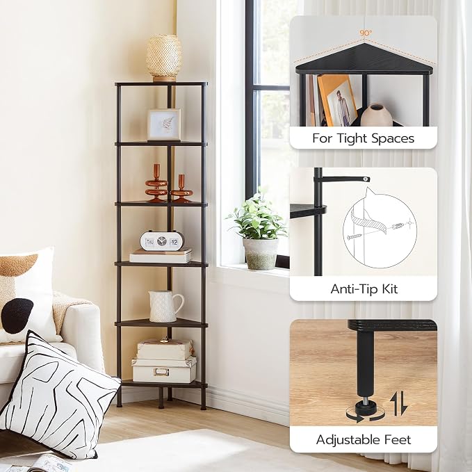 HOOBRO Corner Shelf Stand, Industrial 6-Tier Corner Bookshelf - Image 5