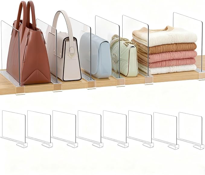 Purse Organizer for Closet Shelf Dividers: 8-Pack Adjustable Clear Acrylic Bag by Saccik