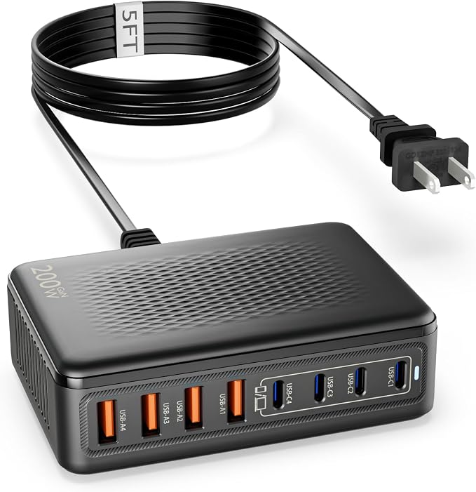 USB C Charger Block, 200W GaN 8 Port USBC Charging Station USB Hub Block Cube by Fitquipment