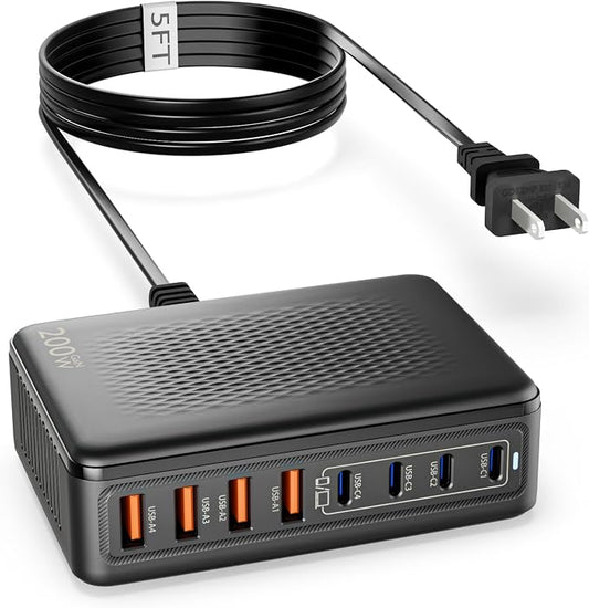 USB C Charger Block, 200W GaN 8 Port USBC Charging Station USB Hub Block Cube by Fitquipment