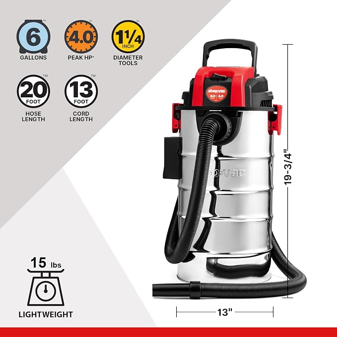 Shop-Vac 6 Gallon 4.0 Peak HP Wet/Dry Vacuum, Wall Mountable Compact Shop Vacuum - Image 3