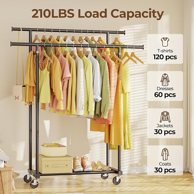 HYSEYY Double Rods Clothes Rack, Rolling Clothing Rack - Image 2