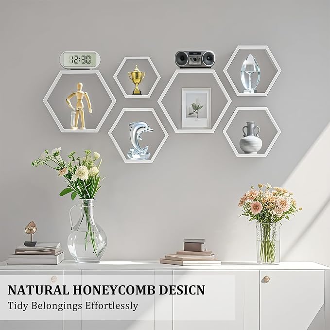 ZGZD Set of 3 White Wooden Hexagon Wall Shelves - Image 6