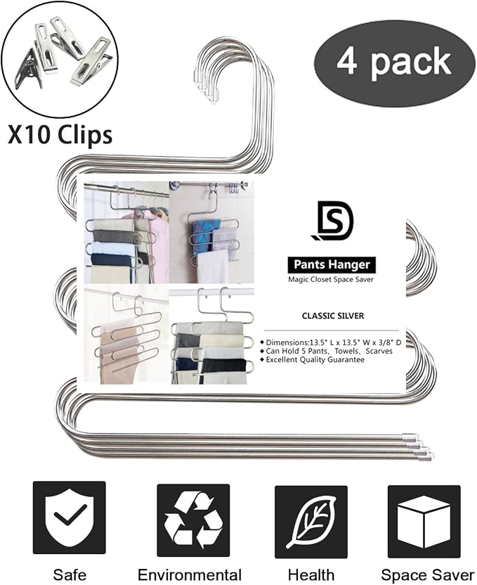 devesanter Pants Hangers Non-Slip S-Shape 4 Pack Trousers Hangers Stainless - Image 7
