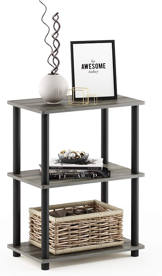 Furinno Turn-N-Tube No Tool 3-Tier Storage Shelf, French Oak Grey/Black by Furinno-FitsYourSpaceFitsYourBudget
