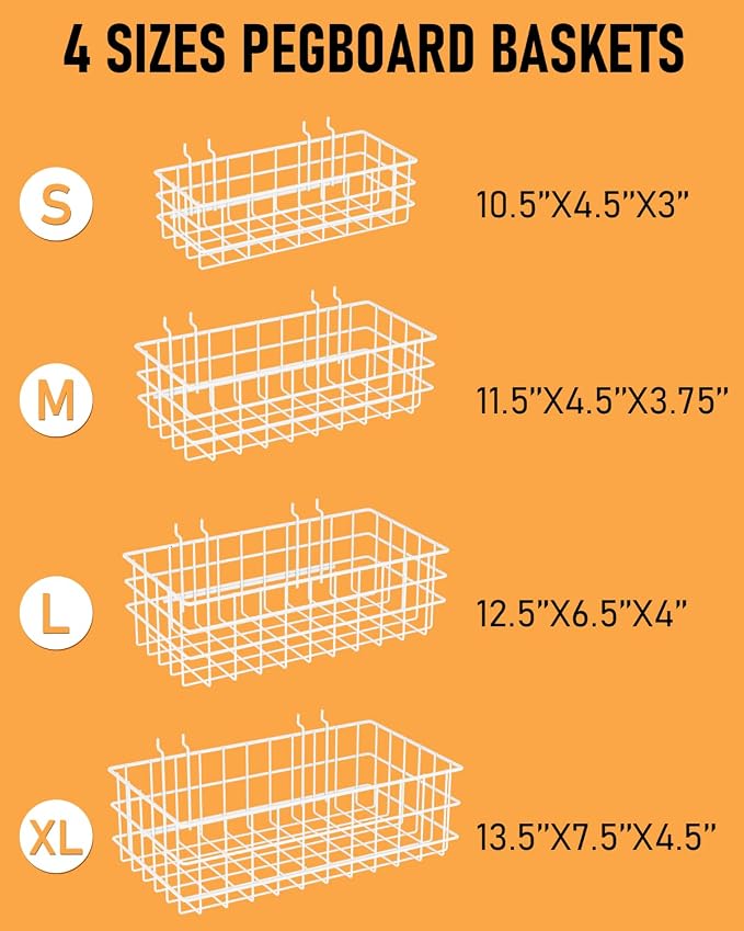 INCLY 4 Pack Pegboard Baskets Bins Set, 4 Size Square Style Metal White Wire - Image 4
