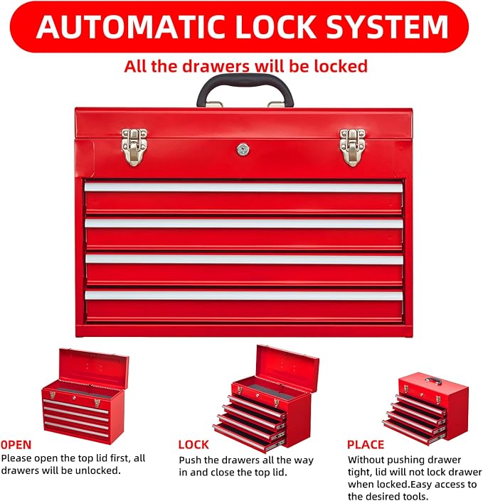 Metal Tool Box with 4 Drawers Portable Steel Tool Chest with Metal Cylinder - Image 4