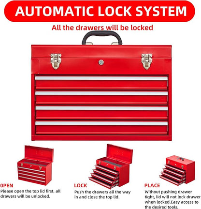 Metal Tool Box with 4 Drawers Portable Steel Tool Chest with Metal Cylinder - Image 4