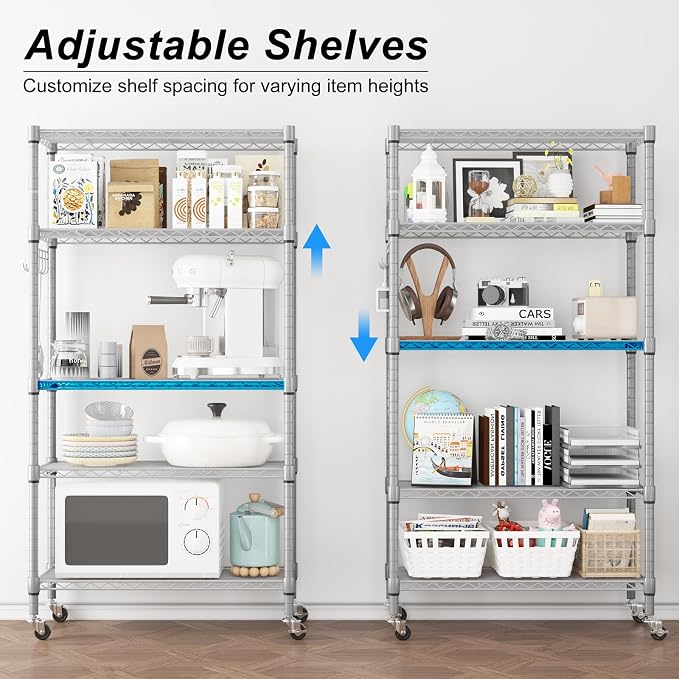 Homdox 5 Tier Adjustable Rolling Storage Shelves, Heavy Duty Wire Racks and - Image 4