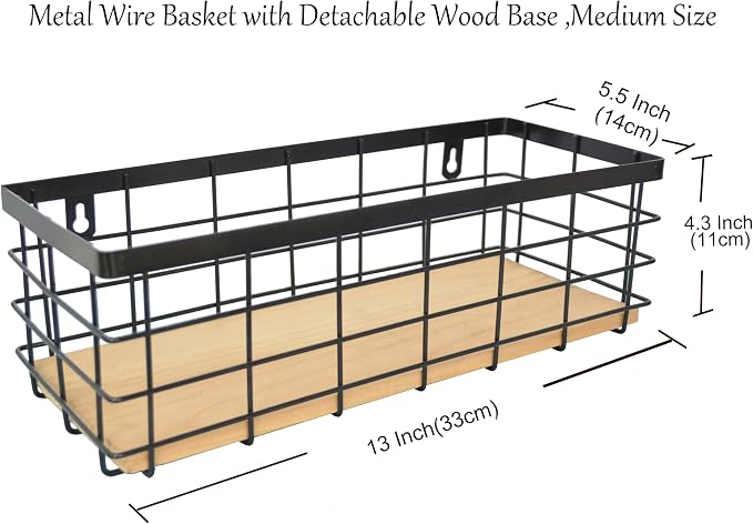 Detachable Wood Base Wire Basket tabletop or wall mount, Medium | Farmhouse - Image 2