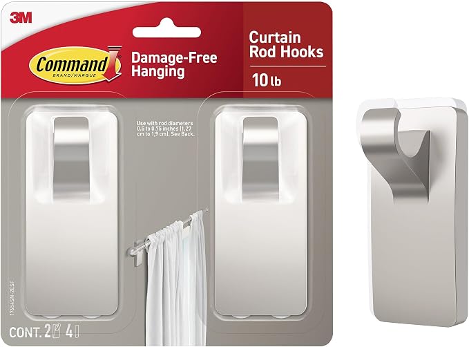 Command 10 lb Satin Nickel Curtain Rod Hooks, 2 Hooks and 4 Strips, No Drilling by Unknown