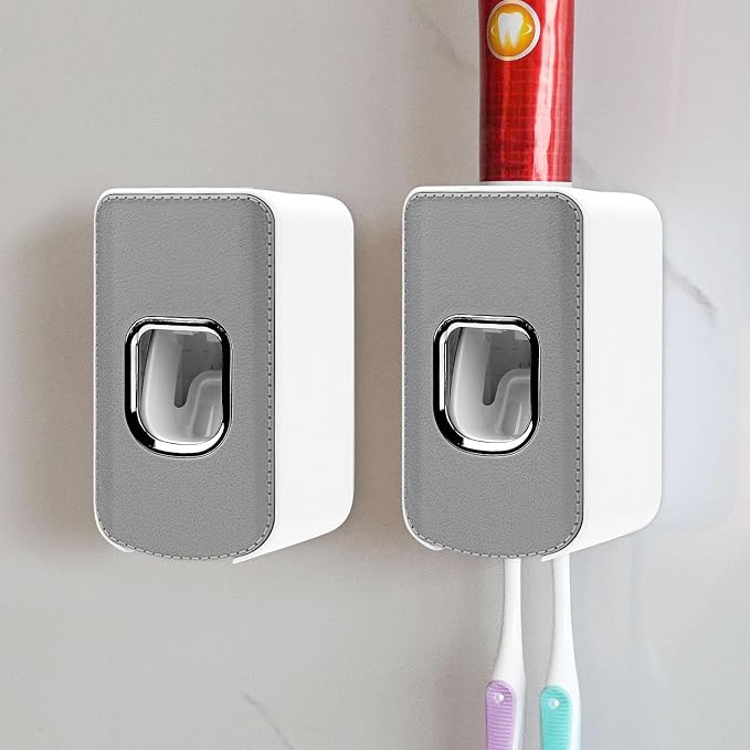 2 Slot Toothbrush Holder and Toothpaste Dispenser Wall Mounted, Automatic by LUEXBOX