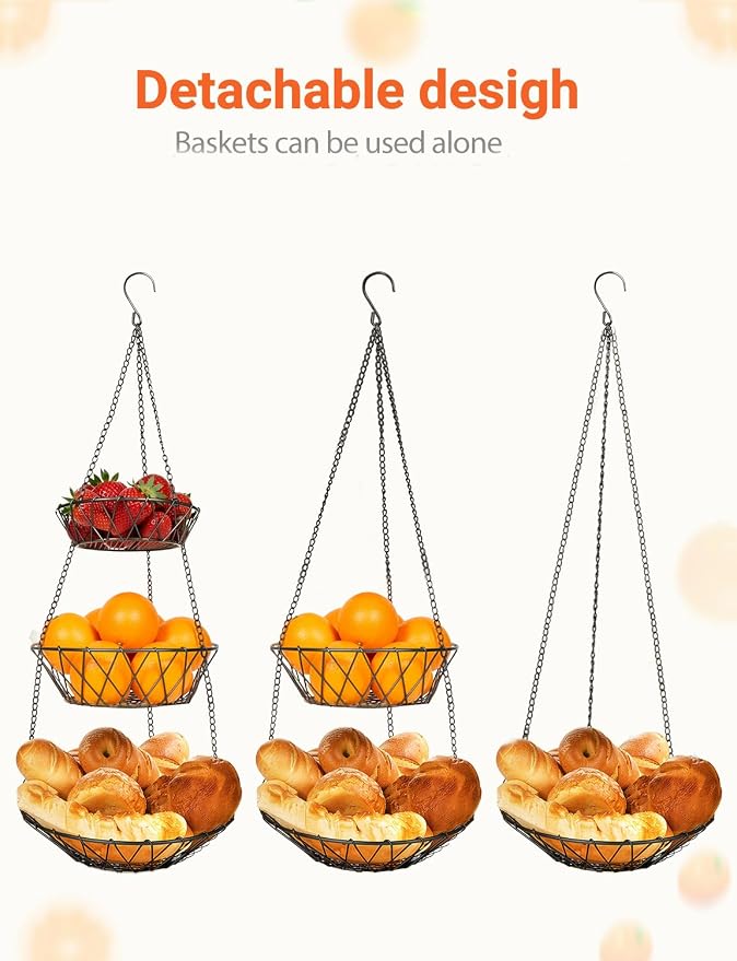 3 Tier Hanging Basket with Sturdy Metal Chain Hanging Hooks | Fruit and - Image 3
