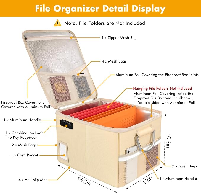TOMKID 5200°F Fireproof Document Box, Fire Important Document Organizer - Image 3