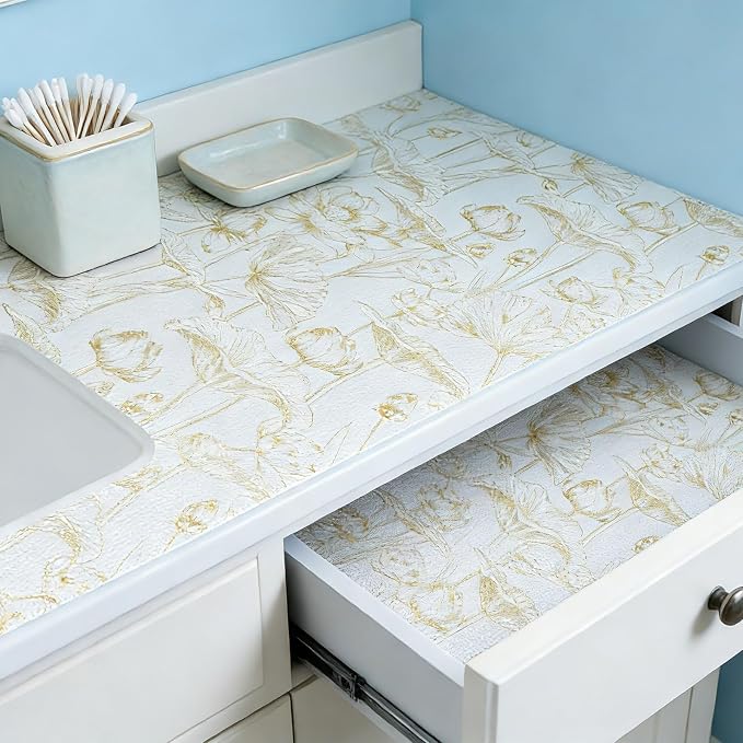 Shelf Liners Non Adhesive Light Base Gold Lotus Pattern - Image 2