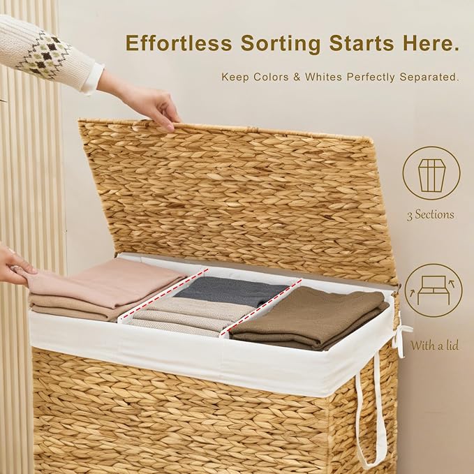 3-Section Laundry Hamper with Lid, Large Capacity Woven Natural Water Hyacinth - Image 3