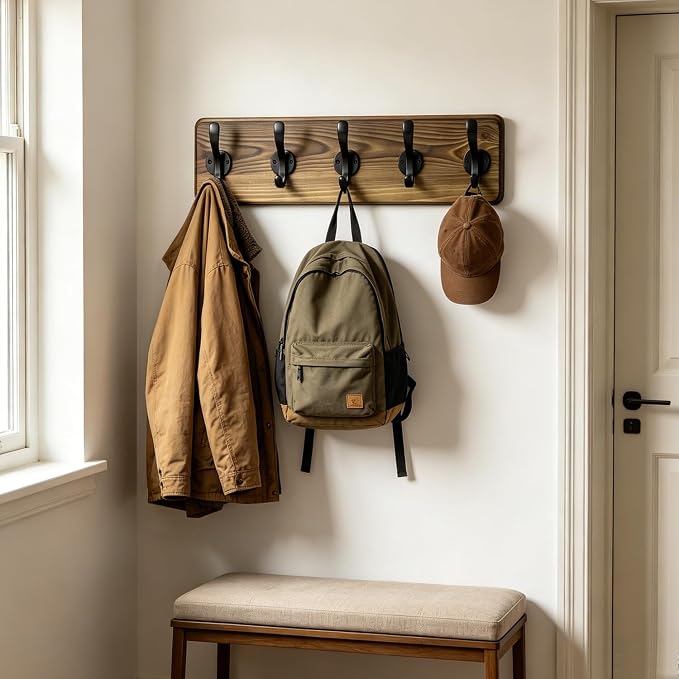 17" Coat Rack Wall Mount with 5 Metal Hooks, Rustic Wall Mounted Coat Rack | - Image 6