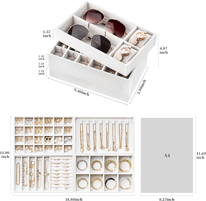 Velvet Jewelry Drawer Organizer Trays – White Stackable Jewelry Storage Inserts - Image 2