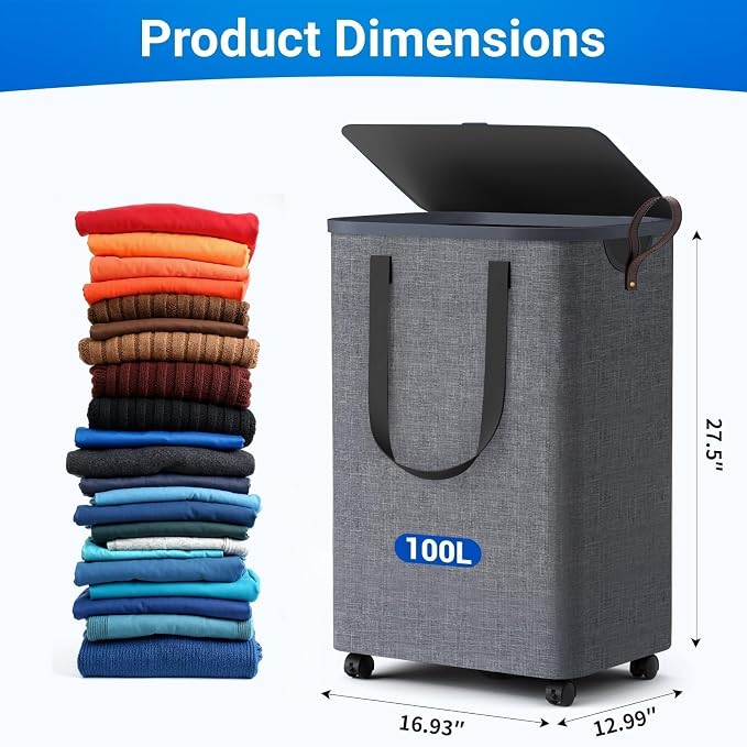 Laundry Basket with 5 Wheels, Tall Dirty Laundry Hamper, Rolling Laundry Basket - Image 3