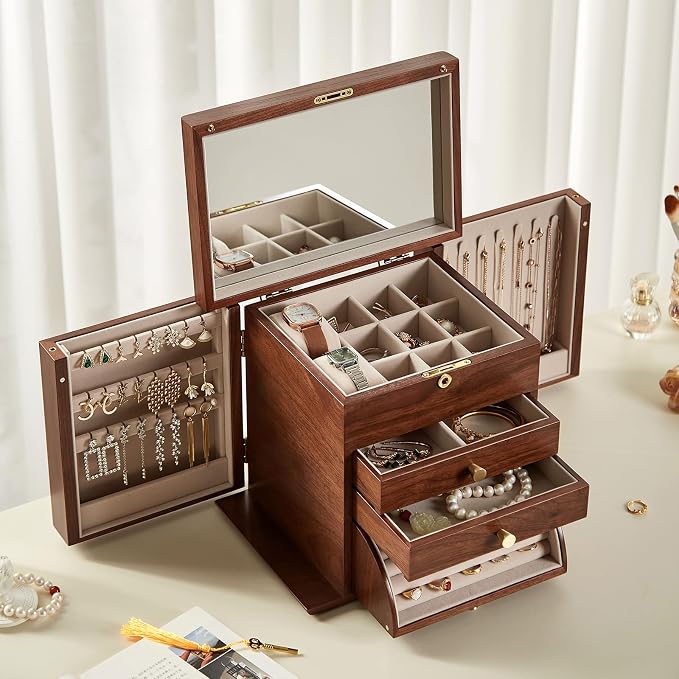 CHOSIN Black Walnut Wooden Jewelry Box, 4-Layer Lockable Organizer - Image 6