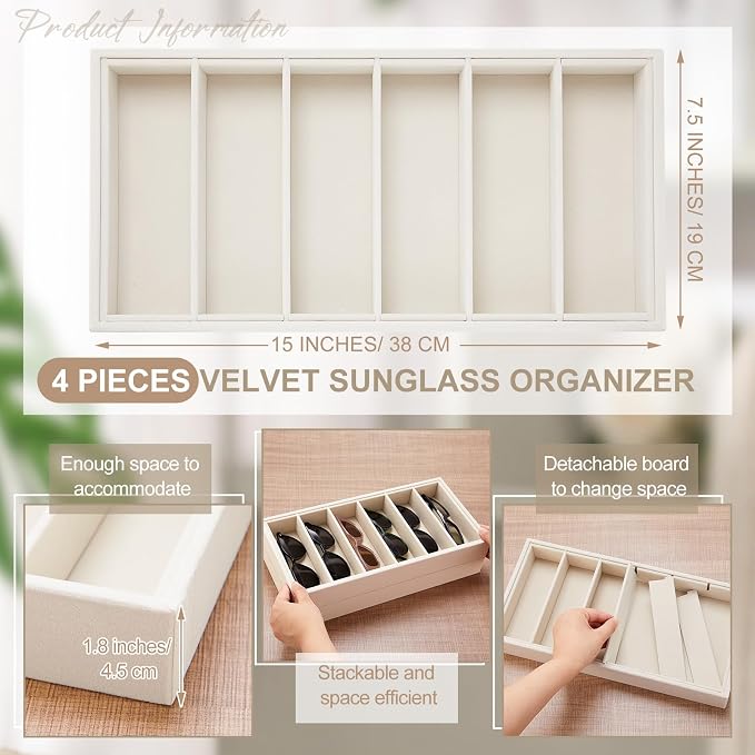 4 Pcs Velvet Sunglasses Organizer Tray 6 Grid Sunglass Organizer Velvet Tray - Image 2