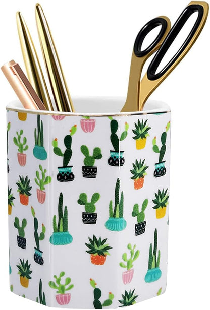 Pen Holder, Makeup Brush Holder Ceramic Shiny Gold Tropical Cactus Green - Image 7