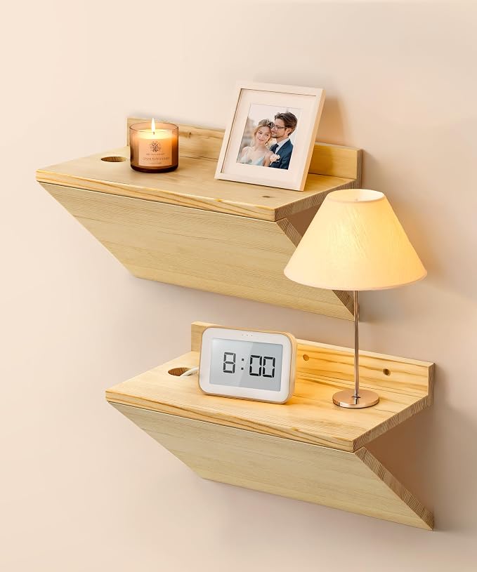 Floating Nightstand, Rustic Wooden Floating Bedside Table Z-Shape Wall Mounted by HomePage