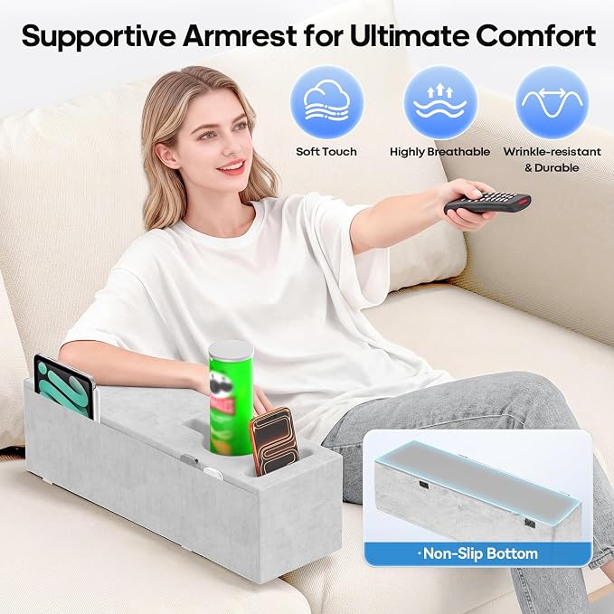 Sofa Armrest Couch Caddy with Cup Holder, Removable Couch Armrest Table Pillow - Image 2