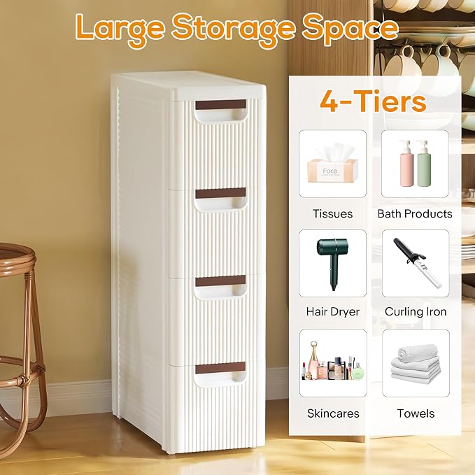 4 Drawers Slim Bathroom Storage Cabinet Dresser, Narrow Plastic Rolling Cart - Image 3