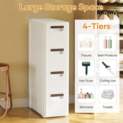 4 Drawers Slim Bathroom Storage Cabinet Dresser, Narrow Plastic Rolling Cart - Image 3