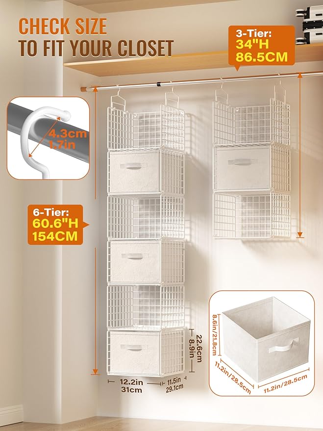 Closet Hanging Organizer with Drawers, 6 Tier Metal Closet Organizers and - Image 2