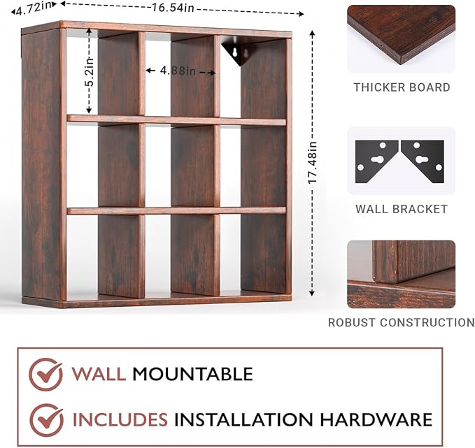 Helsin 9 Grid Vintage Coffee Mug Display Rack, 16inch Wall Mounted Wooden Curio - Image 3