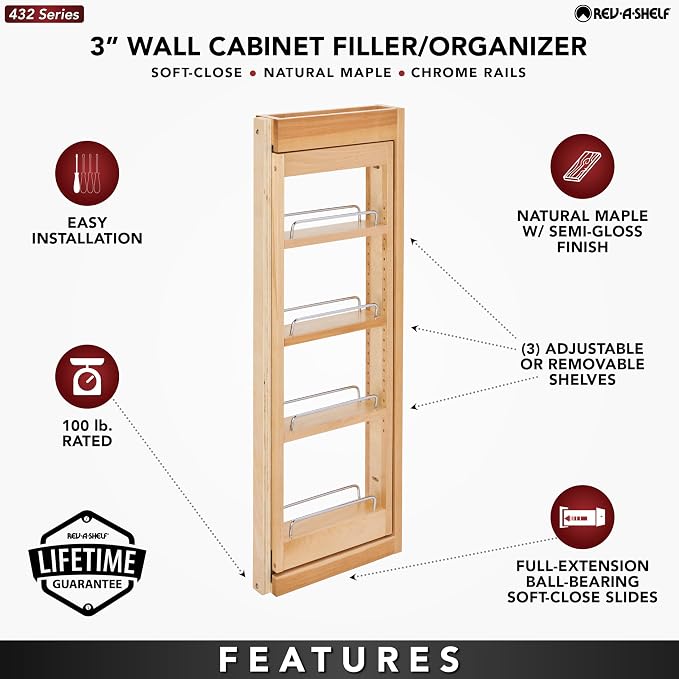 Rev-A-Shelf Kitchen Cabinet Pullout Wall Filler Wooden Organizer Slide Out - Image 4