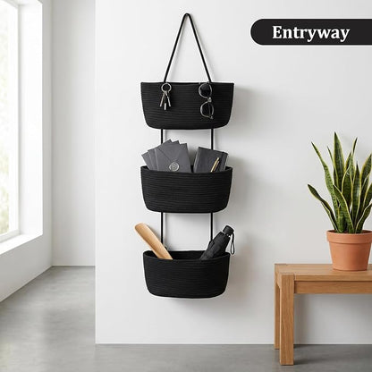 TeoKJ Over the Door Hanging Basket, 3-Tier Woven Cotton Wall-Mounted Storage - Image 7