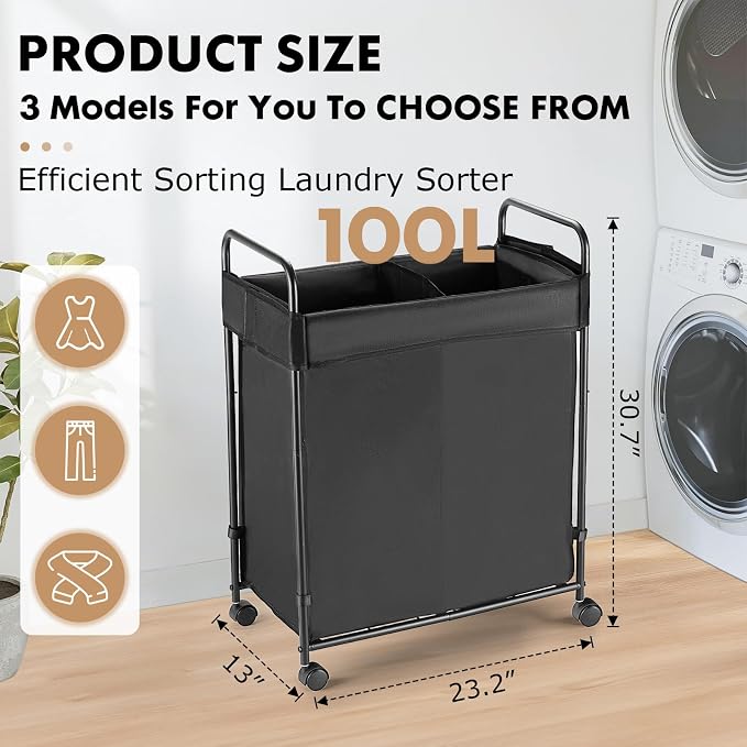 100L Laundry Hamper with Wheels, Rolling Laundry Sorter Cart with Metal Frame - Image 2