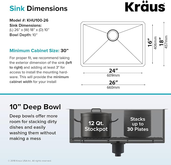 KRAUS Standart PRO 26-inch 16 Gauge Undermount Single Bowl Stainless Steel - Image 6