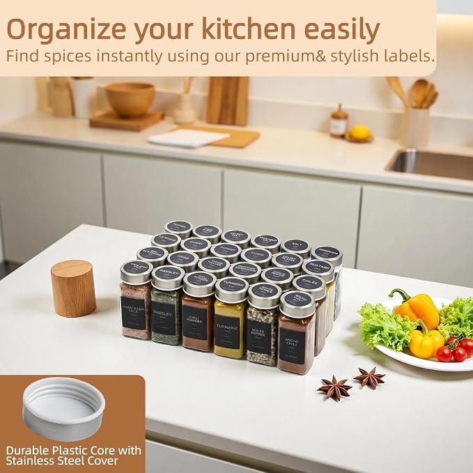 Glass Spice Jars with Stainless Steel Lids: 26 pcs 4oz Spice Containers with - Image 6