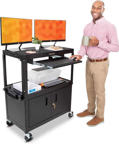 Line Leader Large AV Cart with Locking Cabinet | Height Adjustable Utility Cart by StandSteady