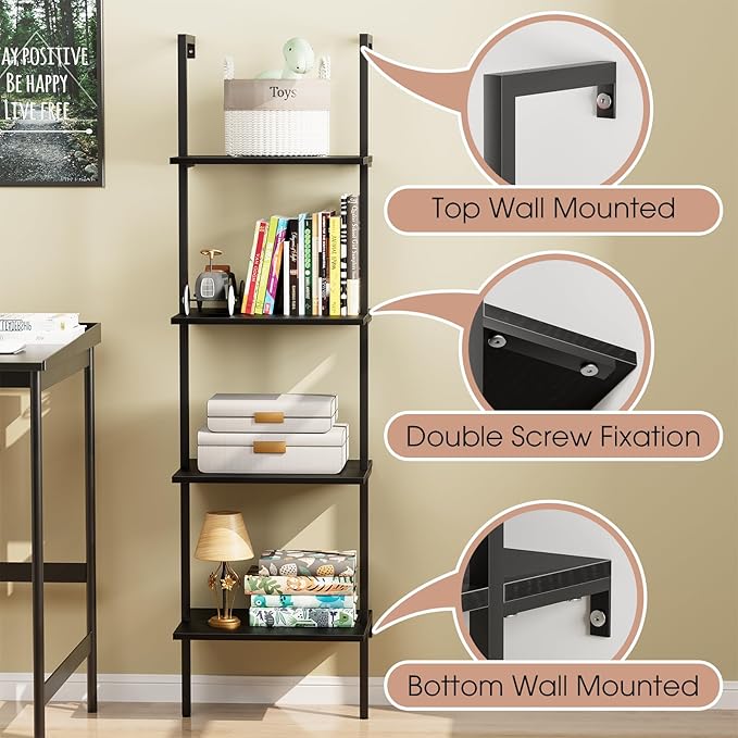 Ladder Shelf 4 Tiers Metal Industrial Bookshelf, Wall Mount Wide Book Case - Image 6