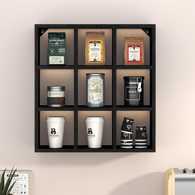 Helsin 9 Grid Vintage Coffee Mug Display Rack, 16inch Wall Mounted Wooden Curio by Helsin