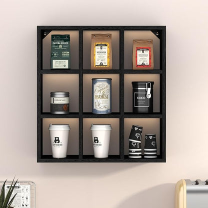 Helsin 9 Grid Vintage Coffee Mug Display Rack, 16inch Wall Mounted Wooden Curio by Helsin