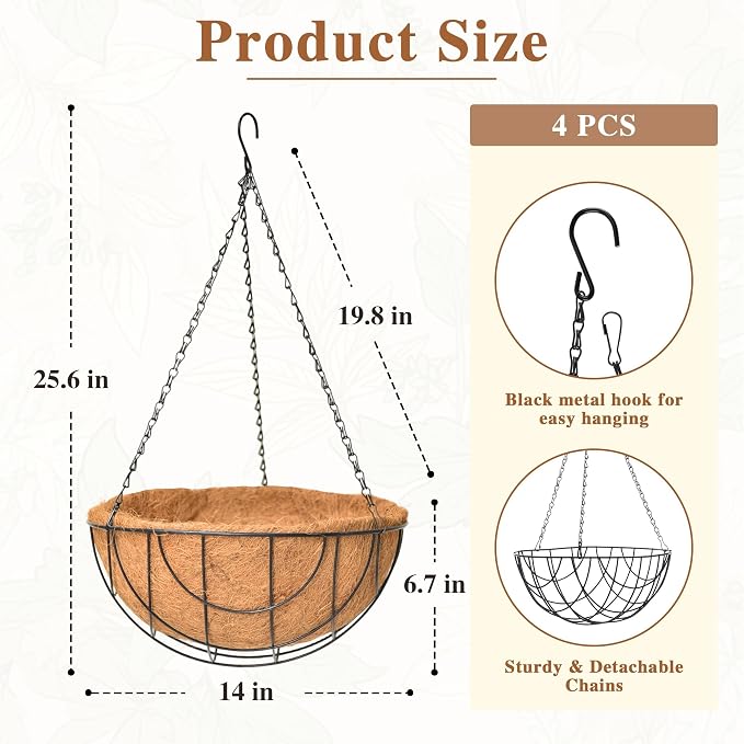 4 Pack Hanging Planter for Outdoor Plants 14 inch Metal Hanging Flower Basket - Image 5