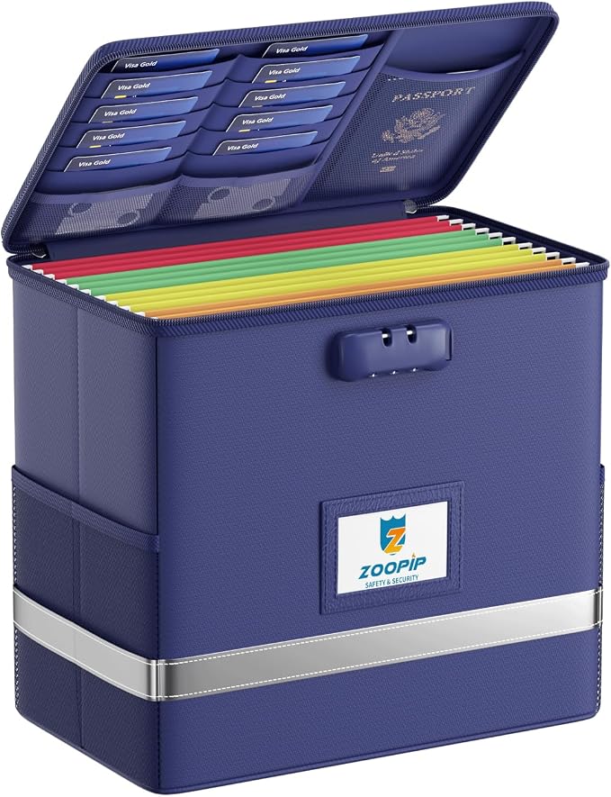 Fireproof File Box with Lock, Collapsible Document Organizer, Reflective Strip by ZOOPIP