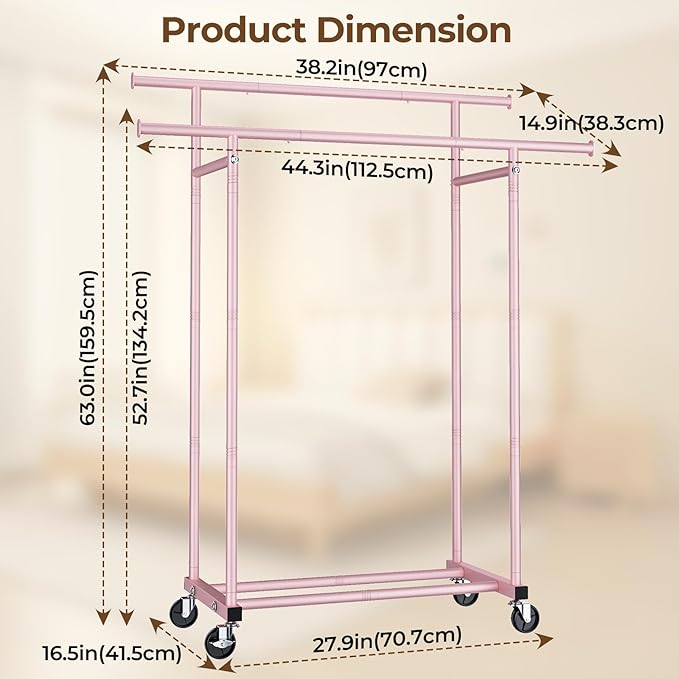 HYSEYY Double Rods Clothes Rack, Sturdy Rolling Clothing Rack, Portable - Image 7