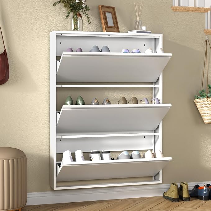 Metal Shoe Cabinet with 3 Flip Drawers, Slim Wall Mounted, Hallway and Mudroom by TEEALUBAN