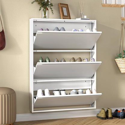 Metal Shoe Cabinet with 3 Flip Drawers, Slim Wall Mounted, Hallway and Mudroom by TEEALUBAN