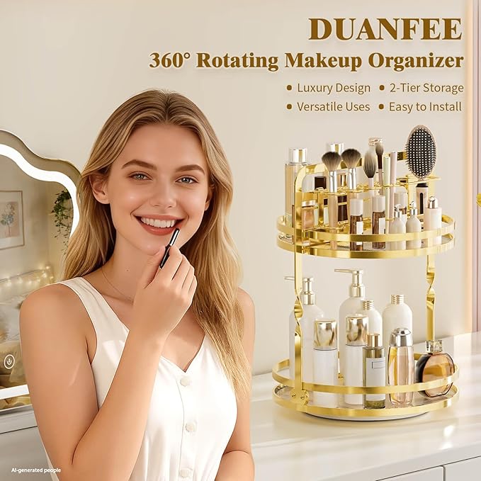 360° Rotating Makeup Organizer, 2-Tier Gold Perfume Organizer - Image 2