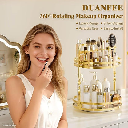 360° Rotating Makeup Organizer, 2-Tier Gold Perfume Organizer - Image 2